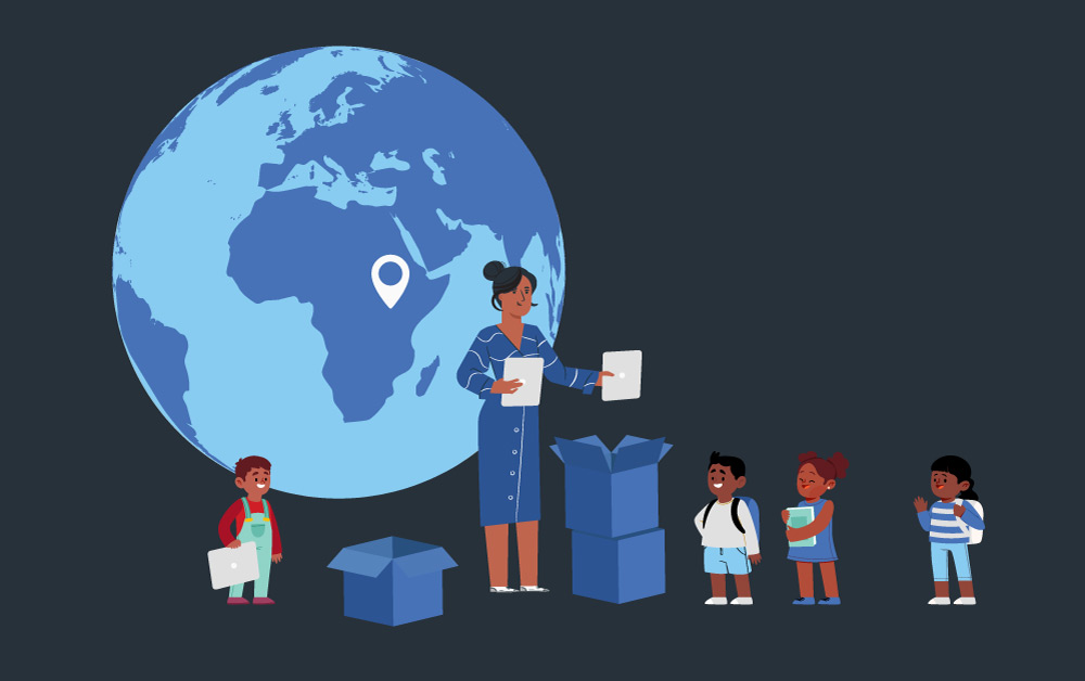 Illustration of volunteer worker handing out educational materials to children