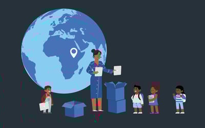 Illustration of volunteer worker handing out educational materials to children