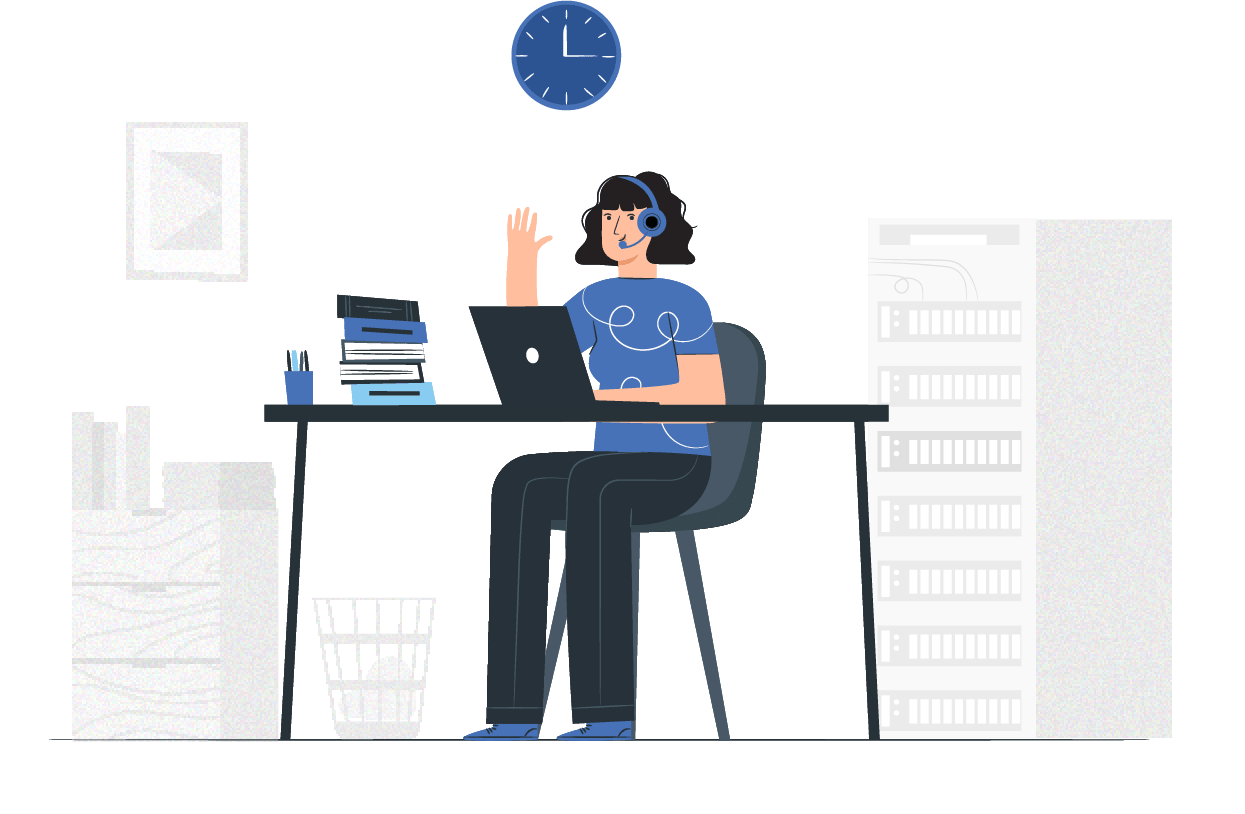 virtual support employee waving from her desk illustration