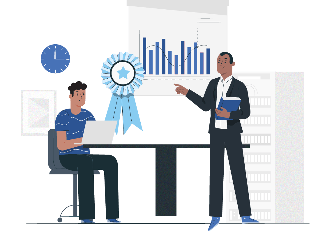 man pointing at successful data while another man types illustration